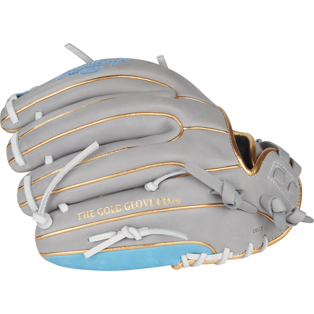 The Rawlings Liberty Advanced 11.75" Fastpitch Softball Glove (RLA715-32GCB) features a gray design with gold stitching, light blue accents, and "THE GOLD GLOVE CO." printed in gold on the side.