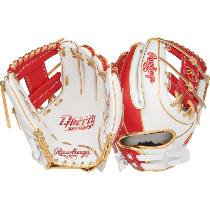 Two Rawlings Liberty Advanced Color Sync 11.75" Fastpitch Softball Gloves (RLA715SB-2WSG) with white, red, and tan laces are displayed side by side to show both the front and back.