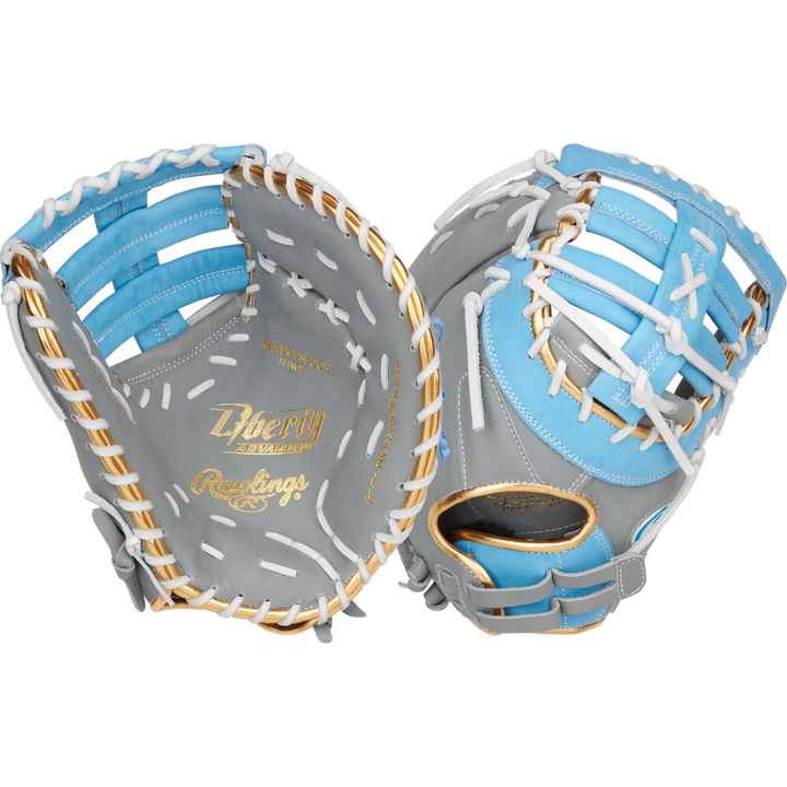 Two gray Rawlings Liberty Advanced Color Sync 13" fastpitch first base mitts (model RLADCTSBGCB) feature light blue and white accents, gold stitching, and gold “Rawlings” and “Liberty Advanced” lettering inside the palm.