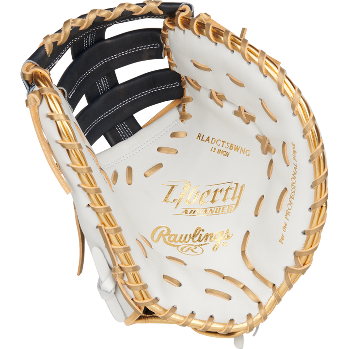 The Rawlings Liberty Advanced Color Sync 13" Fastpitch First Base Mitt (RLADCTSBWNG) features a white and tan design with gold stitching, an open web, the Rawlings logo, and "Liberty Advanced" text on the palm.