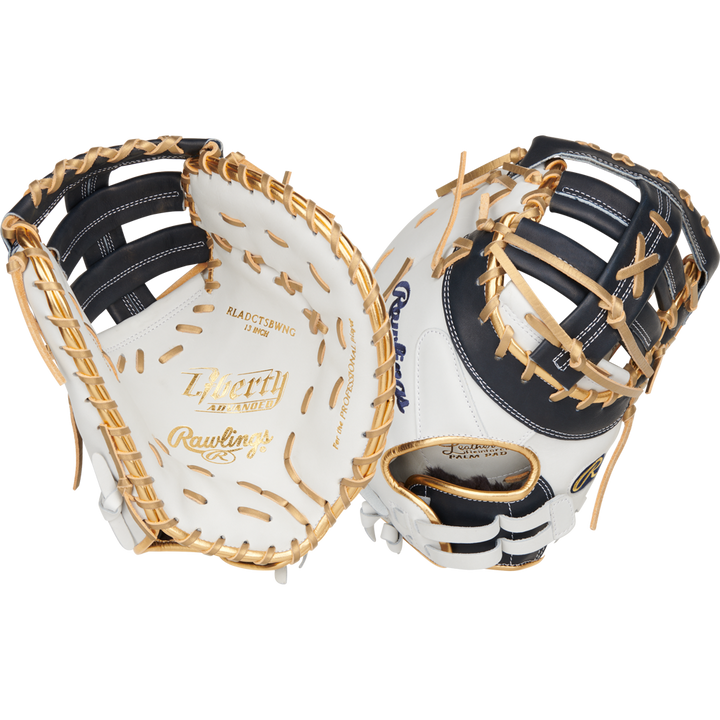 Two Rawlings Liberty Advanced Color Sync 13" Fastpitch First Base Mitts (RLADCTSBWNG) in white with black accents and tan lacing are shown from palm and back views, highlighting the Rawlings branding and detailed craftsmanship.