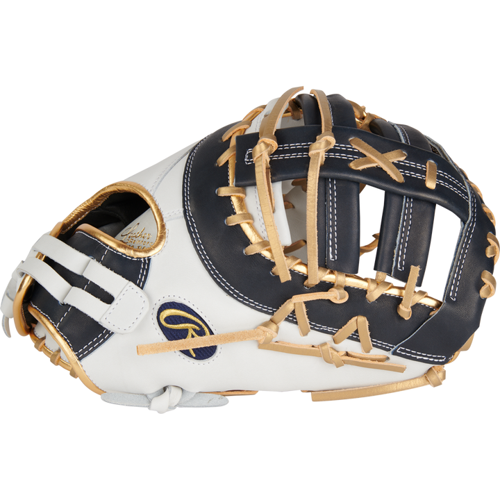 The Rawlings Liberty Advanced Color Sync 13" Fastpitch First Base Mitt (RLADCTSBWNG) features a white, black, and tan design with tan laces, open web, and side logoâperfect for fastpitch first base play.
