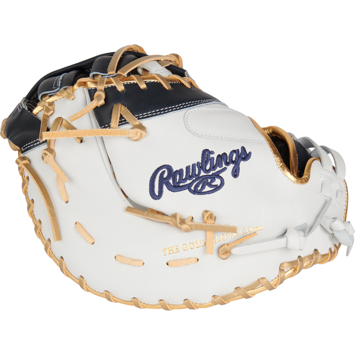 The Rawlings Liberty Advanced Color Sync 13" Fastpitch First Base Mitt (RLADCTSBWNG) showcases a white, navy, and gold design with blue Rawlings embroidery, gold The Gold Glove Co. stamp, tan laces, and detailed stitching for premium performance.