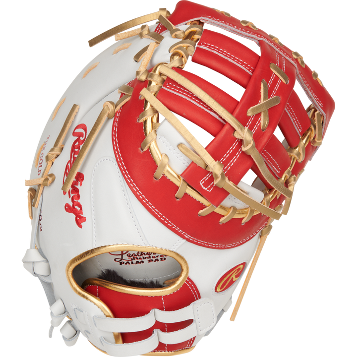 The Rawlings Liberty Advanced Color Sync 13" Fastpitch First Base Mitt (RLADCTSBWSG) is a white and red glove with tan laces, featuring an open web and prominent Rawlings branding—ideal for fastpitch first basemen.
