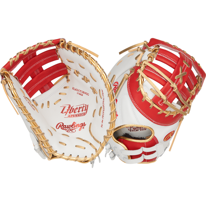 Two Rawlings Liberty Advanced Color Sync 13" Fastpitch First Base Mitts (RLADCTSBWSG) are pictured—one showing the palm, the other the back—to showcase webbing and logo details perfect for fastpitch first base use.
