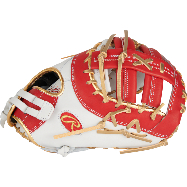 The Rawlings Liberty Advanced Color Sync 13" Fastpitch First Base Mitt (RLADCTSBWSG) features a red and white design with tan laces, an open web, and the Rawlings logo—ideal for fastpitch first basemen.