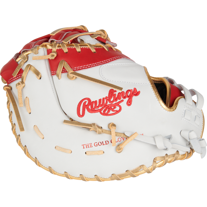 The Rawlings Liberty Advanced Color Sync 13" Fastpitch First Base Mitt (RLADCTSBWSG) features a stylish white and red design with tan laces, the Rawlings logo, and "THE GOLD GLOVE CO." embossed on the side—perfect for first basemen.