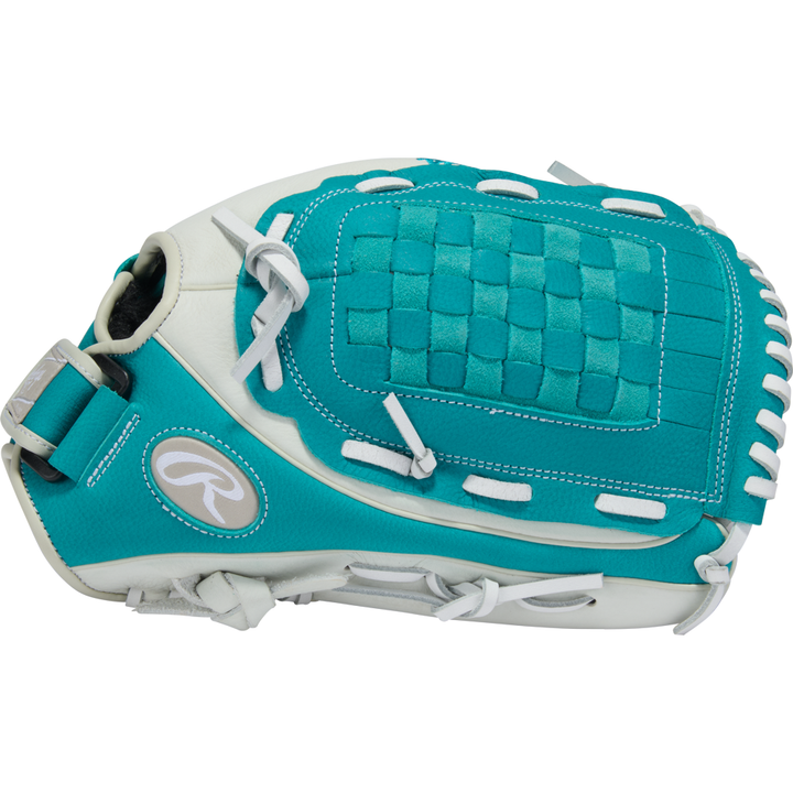 The Rawlings Shut Out 13" Fastpitch Glove (RSO130W) features a teal and white design, woven pocket pattern, and white laces. The Rawlings logo appears on the side of this stylish softball glove.