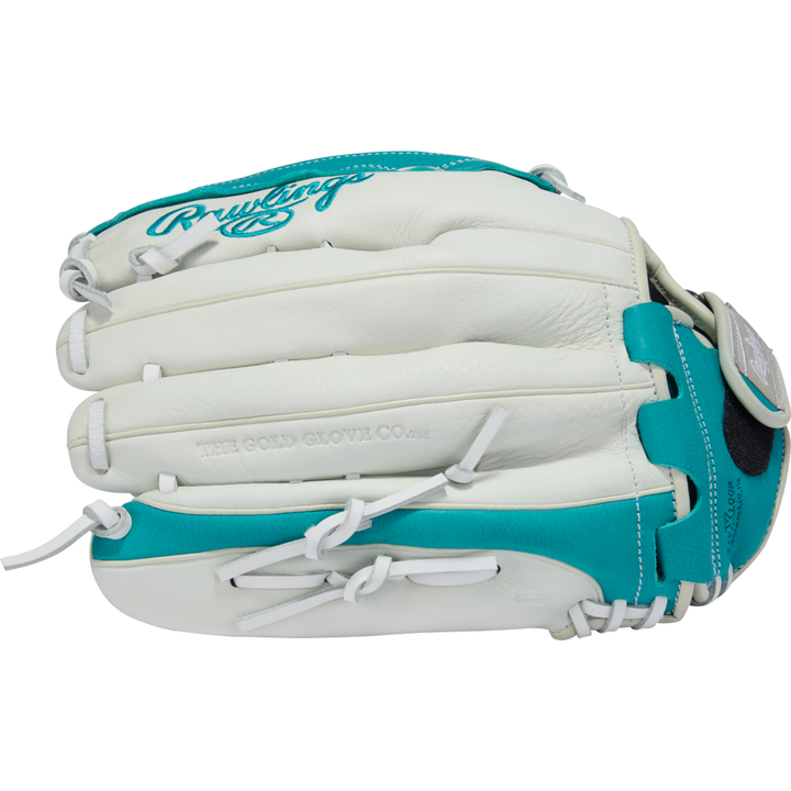 A white and teal Rawlings Shut Out 13" Fastpitch Glove (RSO130W) with visible stitching and laces, showing the side embossed with THE GOLD GLOVE CO.