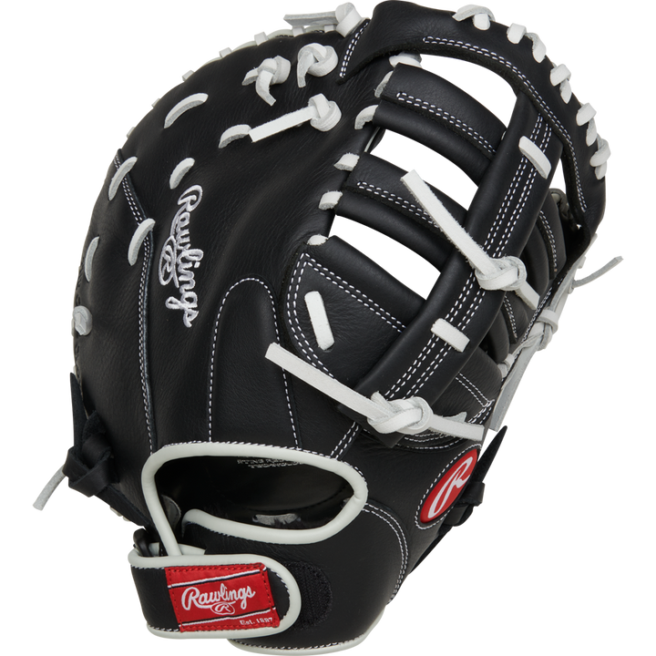 The Rawlings Shut Out 12" Fastpitch First Base Mitt (RRSOFBM12) is a black glove with white stitching and laces, open web, red accents, and Rawlings logos on the thumb and wrist strap.