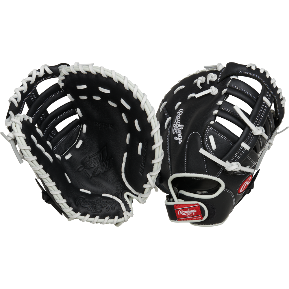 Two black Rawlings Shut Out 12" Fastpitch First Base Mitts (RRSOFBM12) with white lacing, shown front and back to highlight the webbing, stitching details, and Rawlings brand logo patches.
