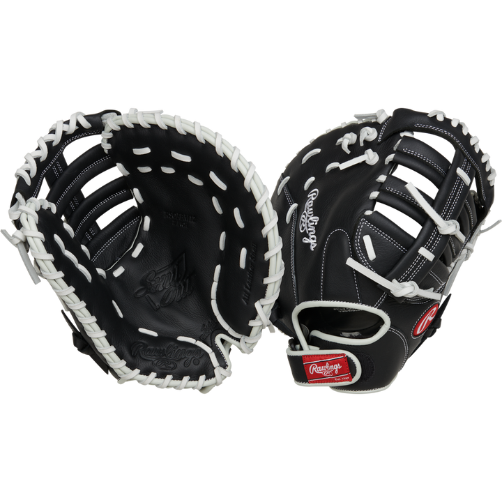 Two black Rawlings Shut Out 12" Fastpitch First Base Mitts (RRSOFBM12) with white lacing, shown front and back to highlight the webbing, stitching details, and Rawlings brand logo patches.