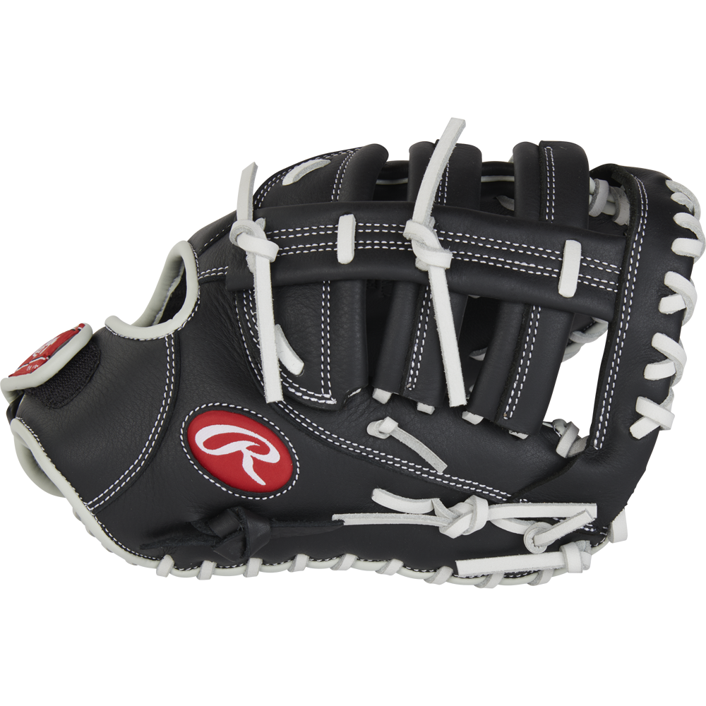 The Rawlings Shut Out 12" Fastpitch First Base Mitt (RRSOFBM12) is a black softball glove with white laces and stitching, featuring the red and white Rawlings logo on the side.