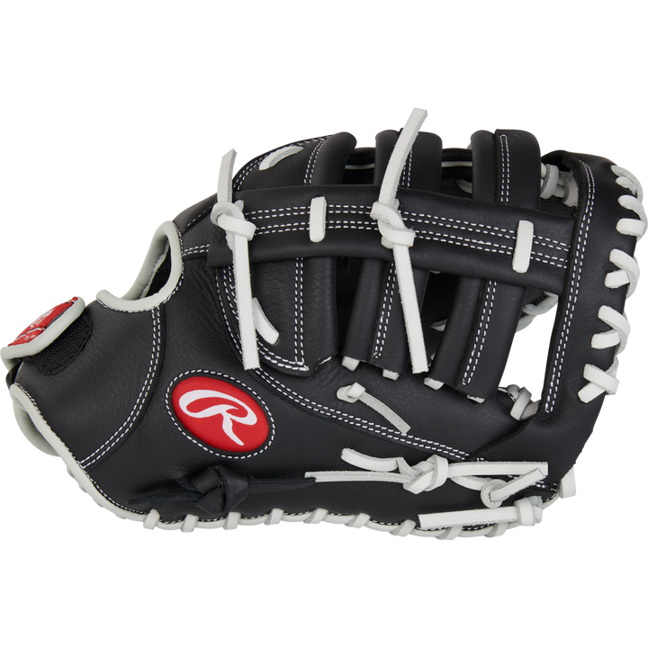 The Rawlings Shut Out 12" Fastpitch First Base Mitt (RRSOFBM12) is a black softball glove with white laces and stitching, featuring the red and white Rawlings logo on the side.