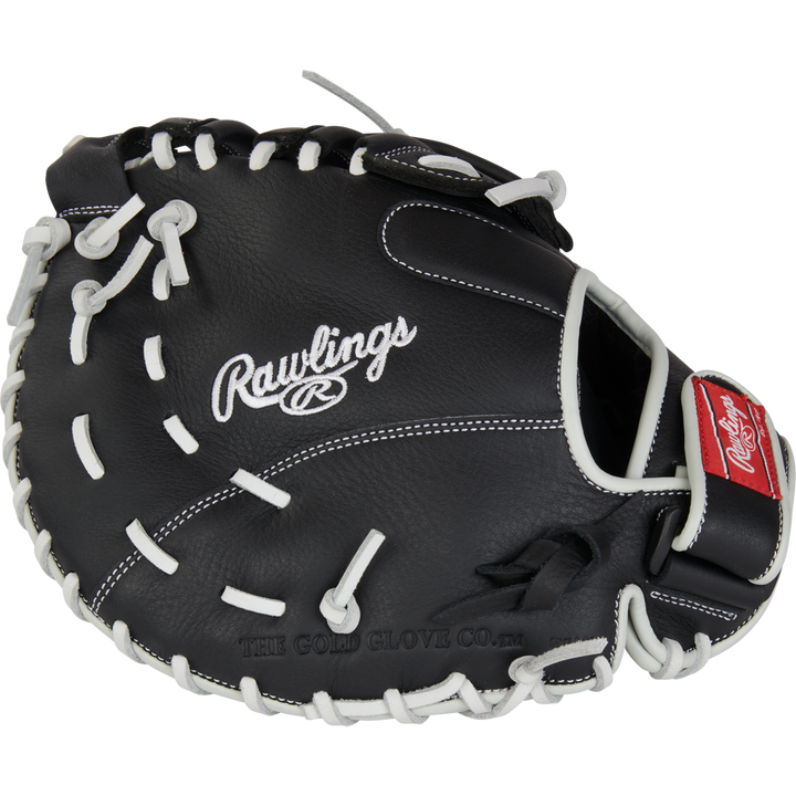 A black Rawlings Shut Out 12" Fastpitch First Base Mitt (RRSOFBM12) with white stitching and laces, featuring the Rawlings logo in white and a red patch on the wrist strap.