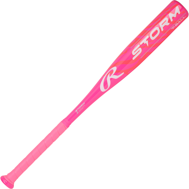 The 2025 Rawlings Storm (-12) USA T-Ball Softball Bat (RTB5S12) features a bright pink design with “STORM” and a large white R logo on the barrel, plus a matching pink grip and accents.