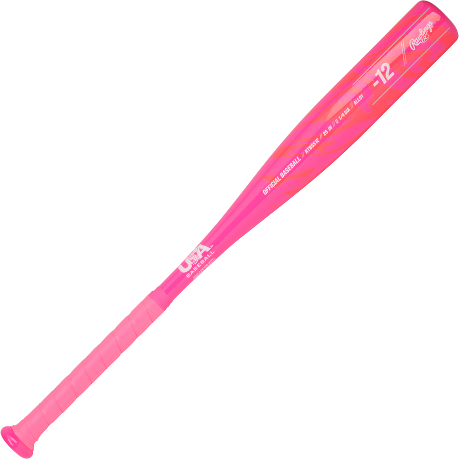 The 2025 Rawlings Storm (-12) 2 1/4" USA T-Ball Softball Bat (RTB5S12) is a bright pink youth bat with a wrapped handle and USA Baseball certification on the barrel.