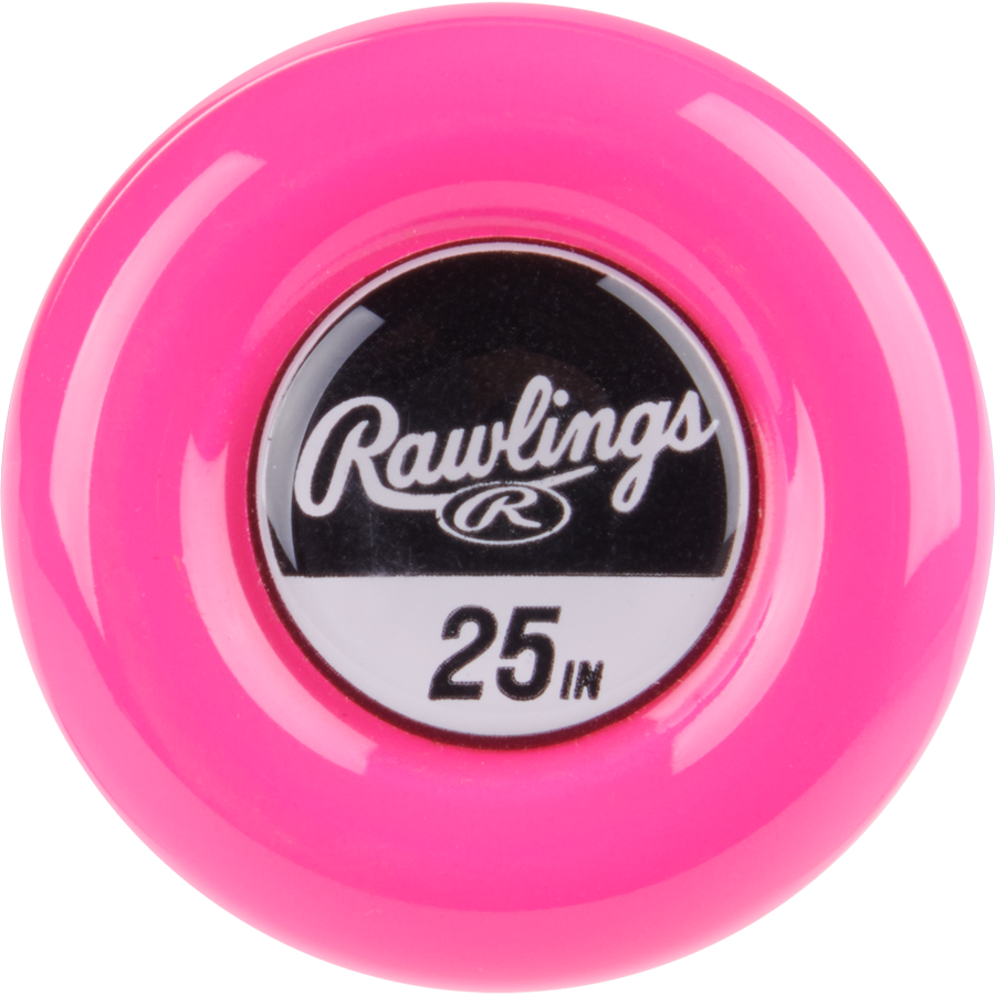 A close-up of the bright pink Rawlings 2025 Storm (-12) T-Ball Softball Bat knob, featuring the Rawlings logo and "25 IN" in white text on a black label.