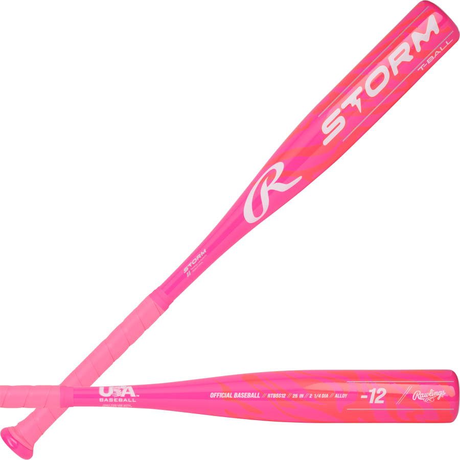 Two bright pink 2025 Rawlings Storm (-12) T-Ball bats are shown, featuring bold white STORM lettering and USA Baseball certification near the handle. Brand: Rawlings. Model: RTB5S12.