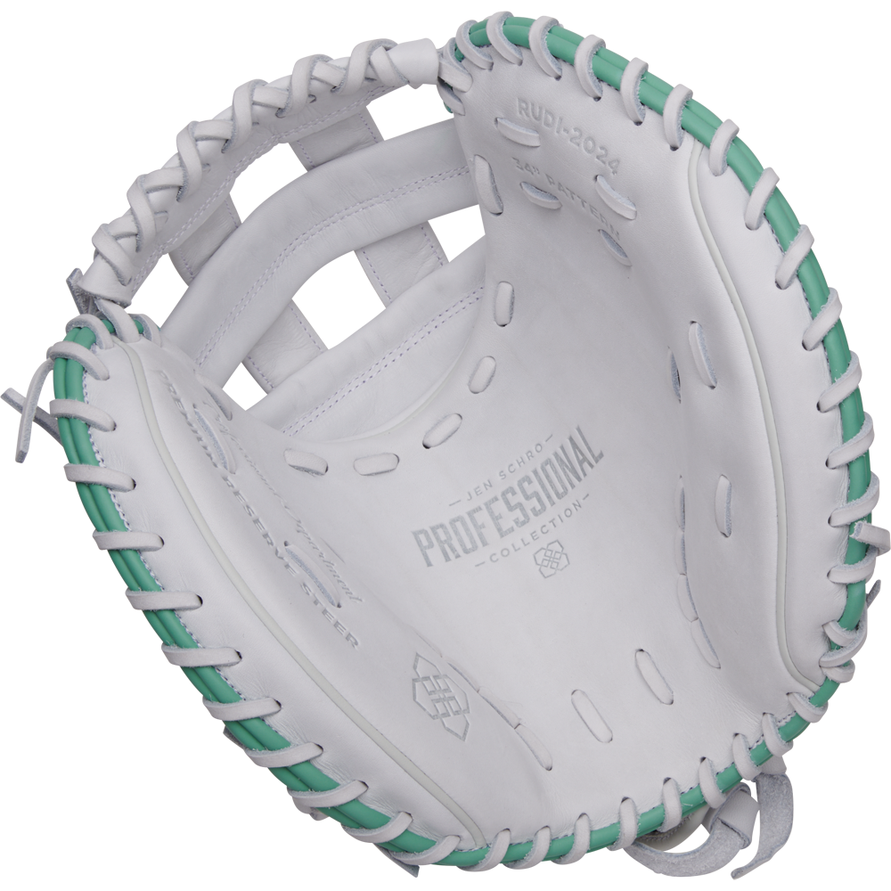 The Easton Jen Schro "The Rudi" 34" Fastpitch Catcher's Mitt (RUDI-2024), crafted from premium USA steerhide leather with green lacing and a PROFESSIONAL COLLECTION palm label, is displayed from the inside against a plain background.