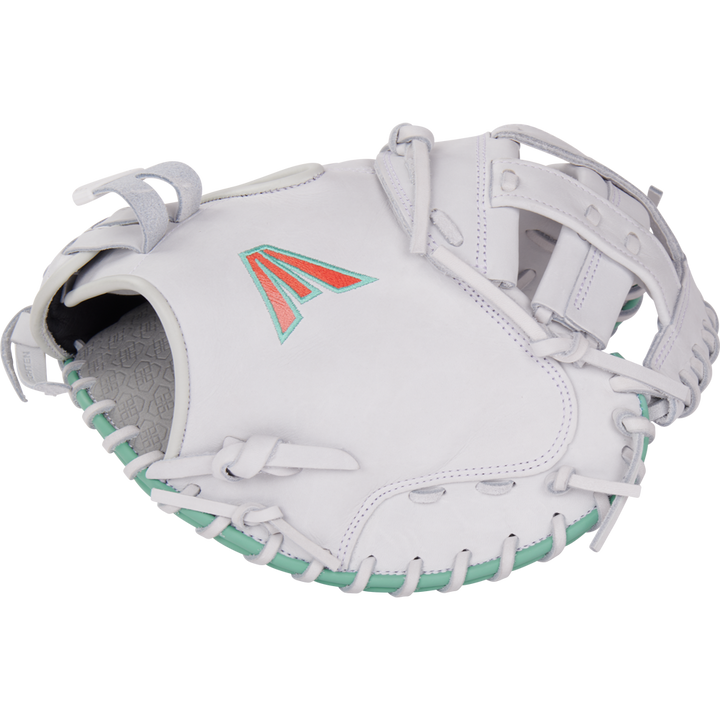The Easton Jen Schro "The Rudi" 34" Fastpitch Catcher's Mitt (RUDI-2024) is made from premium USA steerhide leather with light teal lacing and an orange/teal logo on the back, displayed on a plain light background.