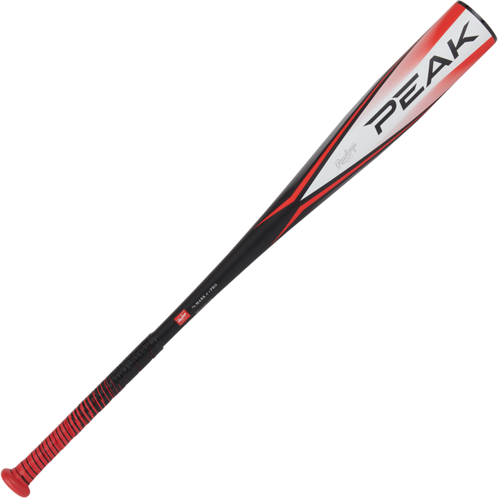The 2024 Rawlings Peak (-10) 2 5/8" USA Baseball Bat (RUS4P10) features black and red styling with PEAK boldly printed near the barrel and a red handle grip, making it ideal for youth players.