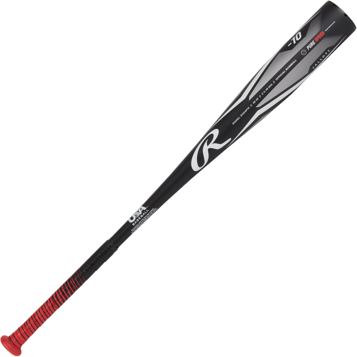 The 2024 Rawlings Peak (-10) USA Baseball Bat (RUS4P10) is black and silver with a red grip and a large R logo on the barrel, shown against a white background.