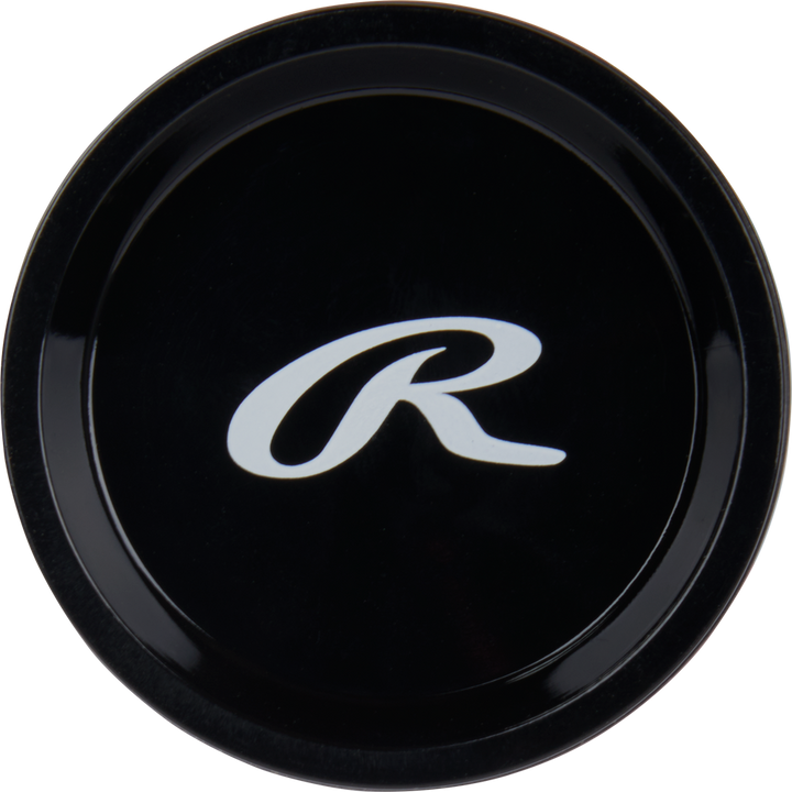 A black circular knob featuring a white stylized R logo, as seen on the 2024 Rawlings Peak (-10) 2 5/8" USA Baseball Bat (RUS4P10), viewed from above against a plain background.