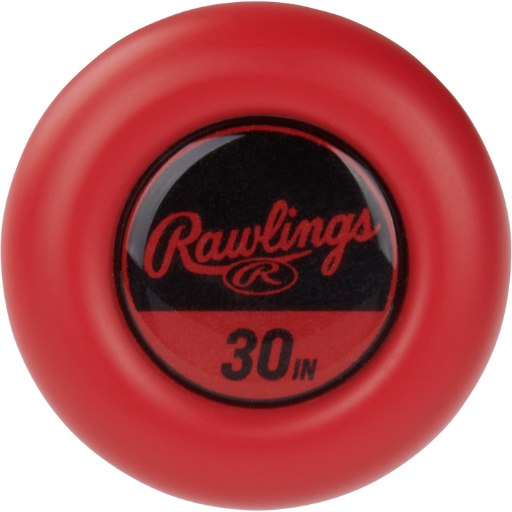 A red Rawlings bat knob with the Rawlings logo and "30 IN" in black on a circular label, made for youth bats like the 2024 Rawlings Peak (-10) 2 5/8" USA Baseball Bat: RUS4P10.