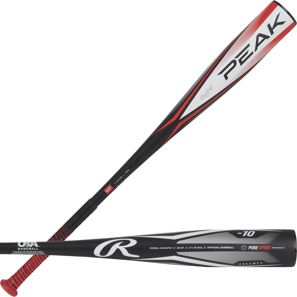 Two black and red 2024 Rawlings Peak (-10) 2 5/8" USA Baseball Bats (RUS4P10) are shown from the side and above, displaying bold graphics, the Rawlings logo, PEAK -10 text, and a red grip—ideal for any youth bat collection.