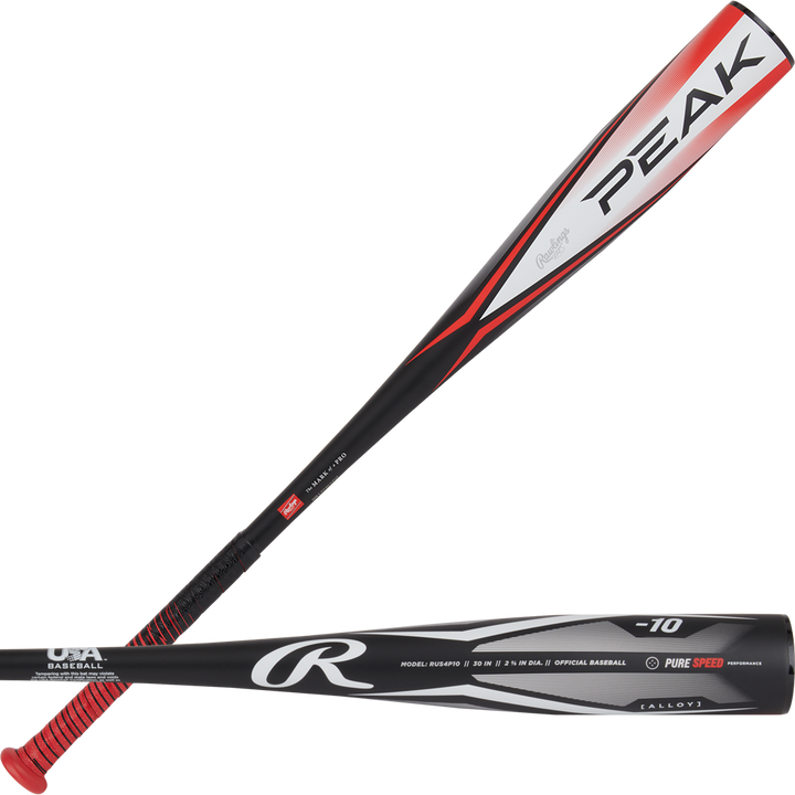 Two black and red 2024 Rawlings Peak (-10) 2 5/8" USA Baseball Bats (RUS4P10) are shown from the side and above, displaying bold graphics, the Rawlings logo, PEAK -10 text, and a red grip—ideal for any youth bat collection.