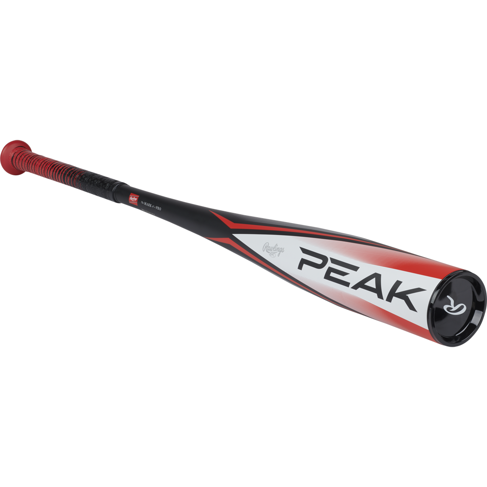 The 2024 Rawlings Peak (-10) 2 5/8" USA Baseball Bat (RUS4P10) features a black, red, and white design with a red grip and Rawlings logo near the barrel—ideal for young players. Shown against a plain white background.