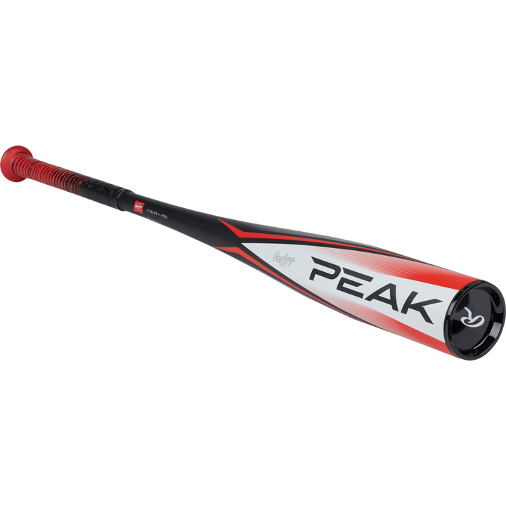 The 2024 Rawlings Peak (-10) 2 5/8" USA Baseball Bat (RUS4P10) features a black, red, and white design with a red grip and Rawlings logo near the barrel—ideal for young players. Shown against a plain white background.