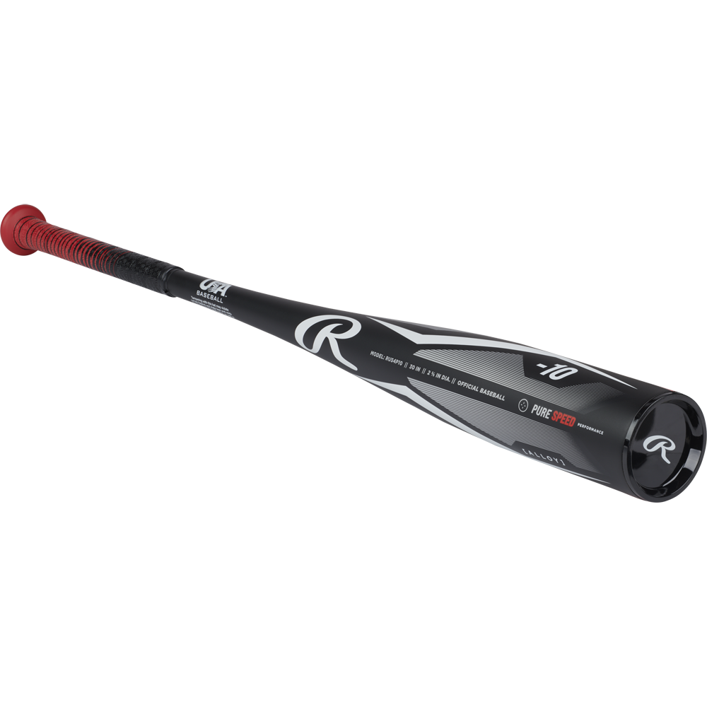 The 2024 Rawlings Peak (-10) 2 5/8" USA Baseball Bat (RUS4P10) features a black design with white and silver accents, a red grip, and multiple logos on the barrel—ideal for young players. Displayed on a plain white background.