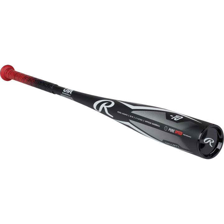 The 2024 Rawlings Peak (-10) 2 5/8" USA Baseball Bat (RUS4P10) features a black design with white and silver accents, a red grip, and multiple logos on the barrel—ideal for young players. Displayed on a plain white background.