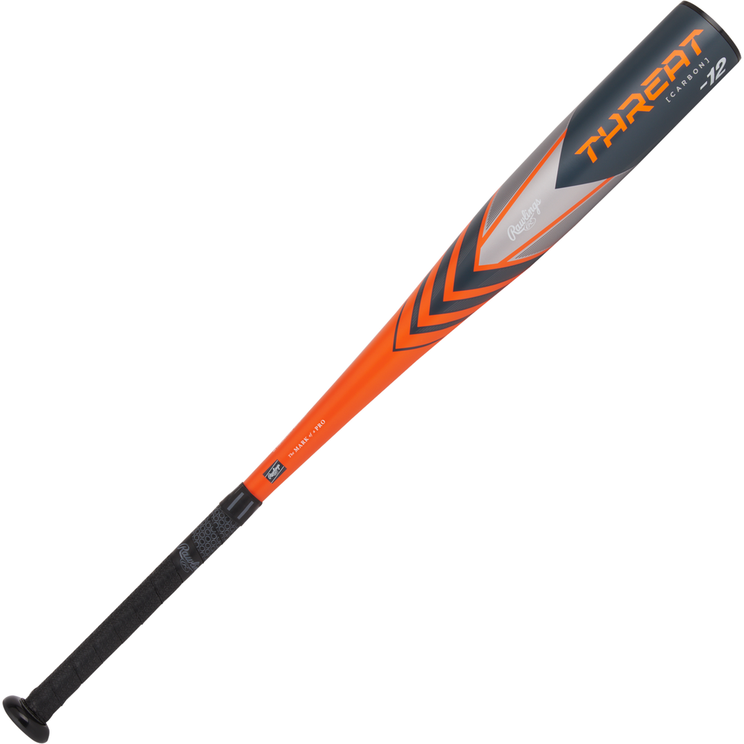 The 2024 Rawlings Threat (-12) USA Baseball Bat (RUS4T12) features an orange and black composite barrel with "THREAT" lettering, a black grip, plus silver and orange chevron designs along its length.