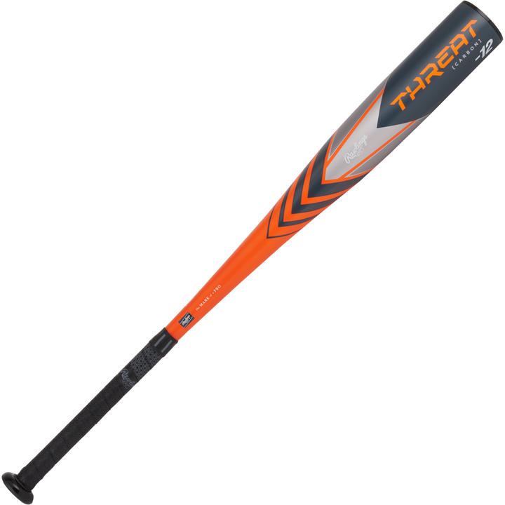 The 2024 Rawlings Threat (-12) USA Baseball Bat (RUS4T12) features an orange and black composite barrel with "THREAT" lettering, a black grip, plus silver and orange chevron designs along its length.