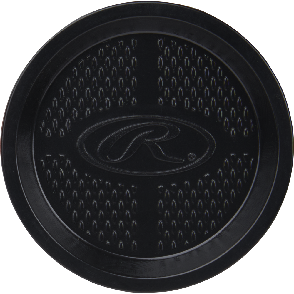 A black circular rubber grip pad with a textured center and an "R" in the middle, seen from above on white, is likely an accessory for the 2024 Rawlings Threat (-12) 2 5/8" USA Baseball Bat: RUS4T12 by Rawlings.