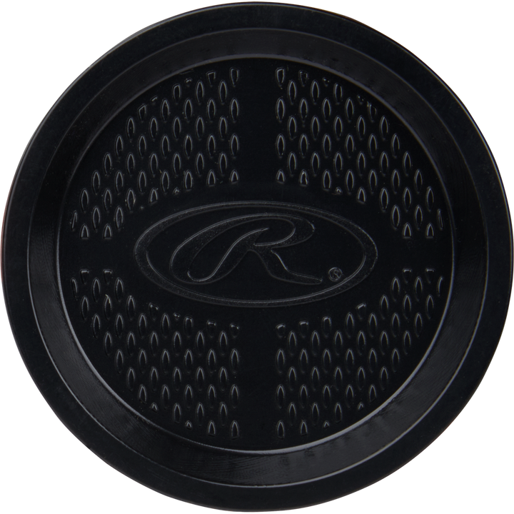 A black circular rubber grip pad with a textured center and an "R" in the middle, seen from above on white, is likely an accessory for the 2024 Rawlings Threat (-12) 2 5/8" USA Baseball Bat: RUS4T12 by Rawlings.