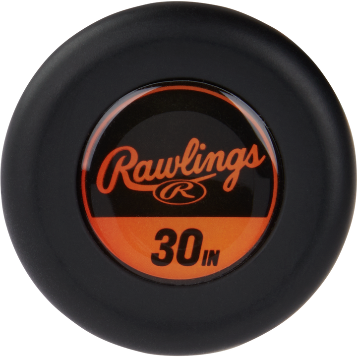 A close-up of the black end cap of the 2024 Rawlings Threat (-12) 2 5/8" USA Baseball Bat shows an orange and black label with "Rawlings 30 IN." This composite barrel bat combines power and performance for youth players.