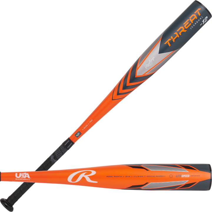 Two views of the 2024 Rawlings Threat (-12) USA Baseball Bat (RUS4T12) show its orange and silver design, black grip, gray accents, lightweight composite barrel, and bold graphics with THREAT and USA Baseball markings.