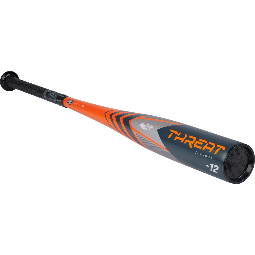 The 2024 Rawlings Threat (-12) 2 5/8" USA Baseball Bat (RUS4T12) features an orange, black, and gray design, a black grip, composite barrel construction, and "-12" printed near the barrel on a white background.