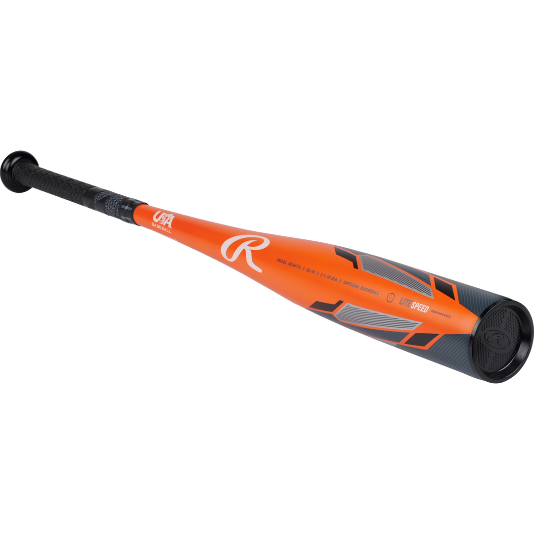 The 2024 Rawlings Threat (-12) 2 5/8" USA Baseball Bat (RUS4T12) is displayed on a white background, featuring an orange and black design with a composite barrel, black grip, silver accents, and Rawlings branding.