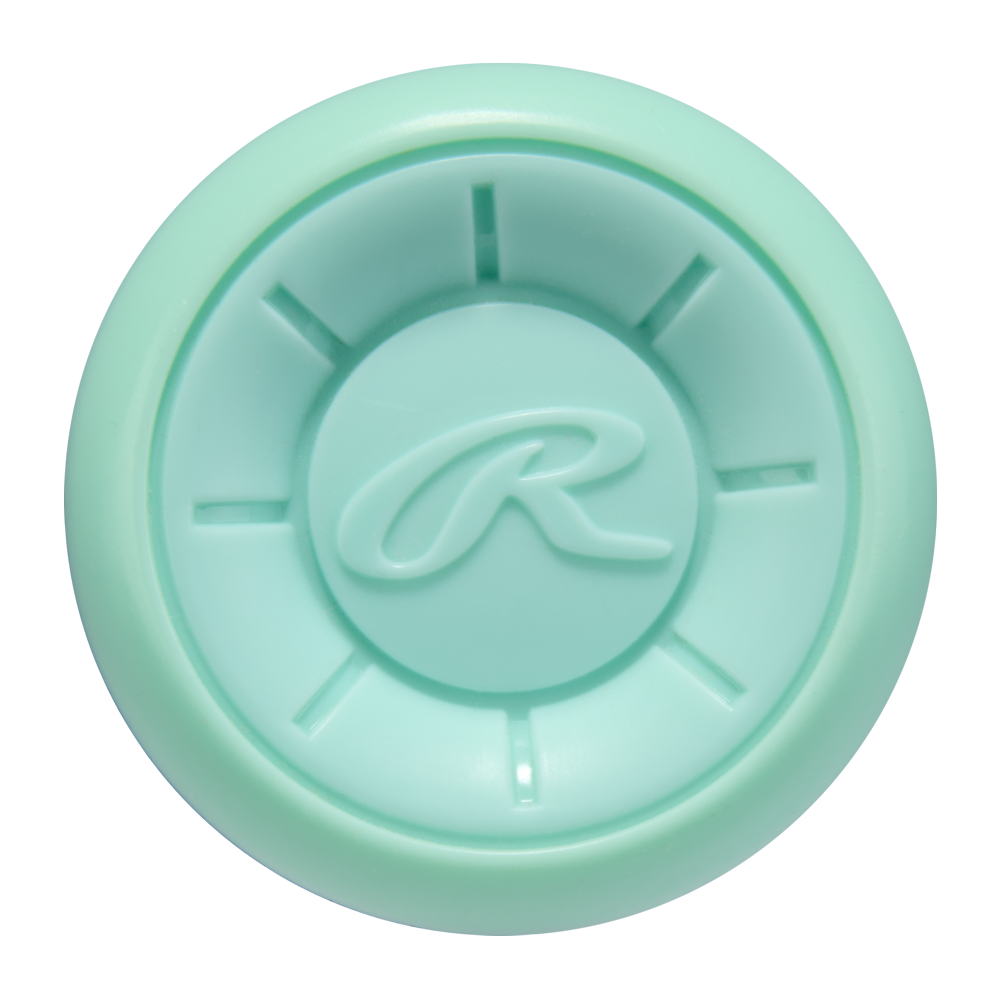 A mint green, round plastic piece with a raised R and eight indented linesâlikely an accessory from the 2026 Rawlings ICON (-8) 2 5/8" USA Baseball Bat (RUS6I8)âis shown on a white background.