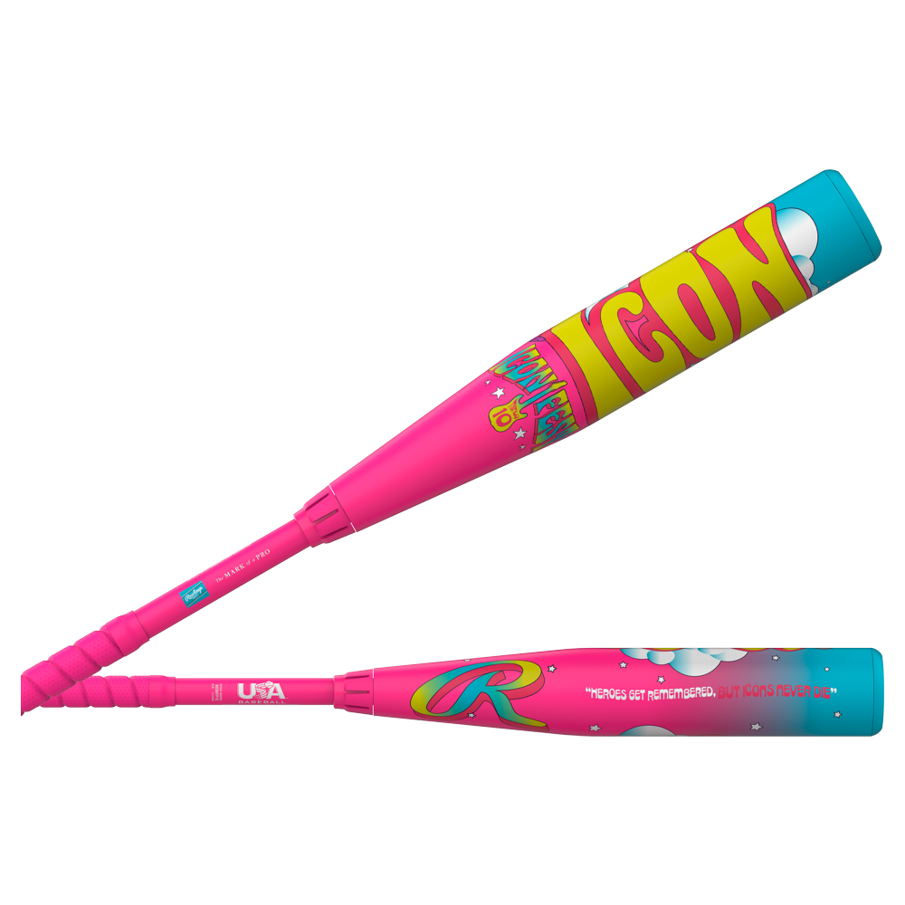 The 2026 Rawlings Icon Fest (-10) USA Baseball Bat features a pink, blue, and yellow design with bold “ICON” and “RAWLINGS” cartoon-style text and cloud graphics—making this limited edition bat truly stand out.