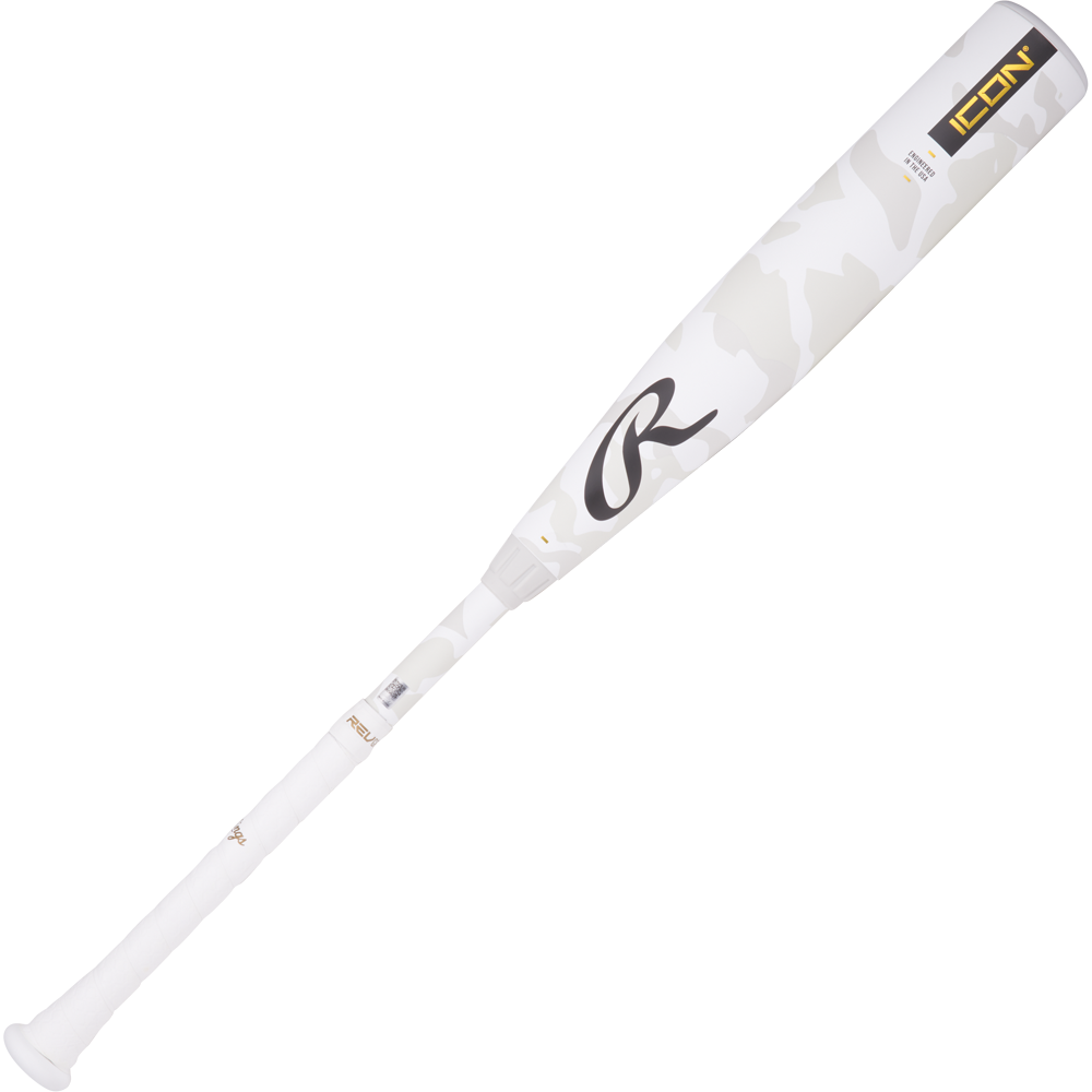 The 2025 Rawlings Icon (-10) 2 3/4" USSSA Baseball Bat features a white carbon composite build, camouflage pattern, “ICON” in black/yellow by the barrel, and a stylized R logo for a modern look. Brand: Rawlings. Model: RUT5I10 (USED).