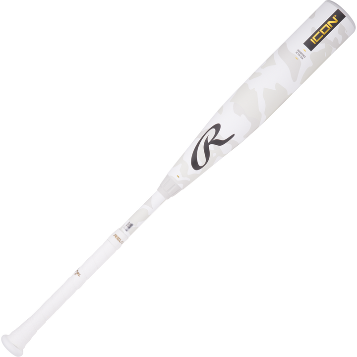 The 2025 Rawlings Icon (-10) 2 3/4" USSSA Baseball Bat features a white carbon composite build, camouflage pattern, “ICON” in black/yellow by the barrel, and a stylized R logo for a modern look. Brand: Rawlings. Model: RUT5I10 (USED).