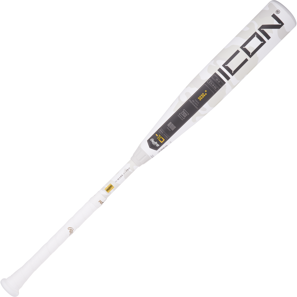 The 2025 Rawlings Icon (-10) 2 3/4" USSSA Baseball Bat (USED) features a bold “ICON” near the barrel, white finish with camo pattern, gold accents, carbon composite design, and distinct white grip and branding along the shaft.