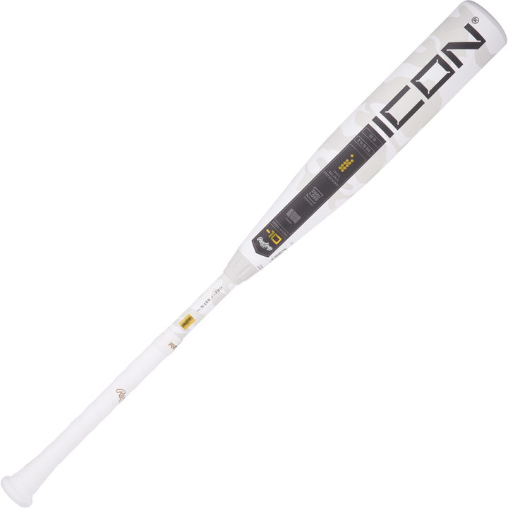 The 2025 Rawlings Icon (-10) 2 3/4" USSSA Baseball Bat (USED) features a bold “ICON” near the barrel, white finish with camo pattern, gold accents, carbon composite design, and distinct white grip and branding along the shaft.