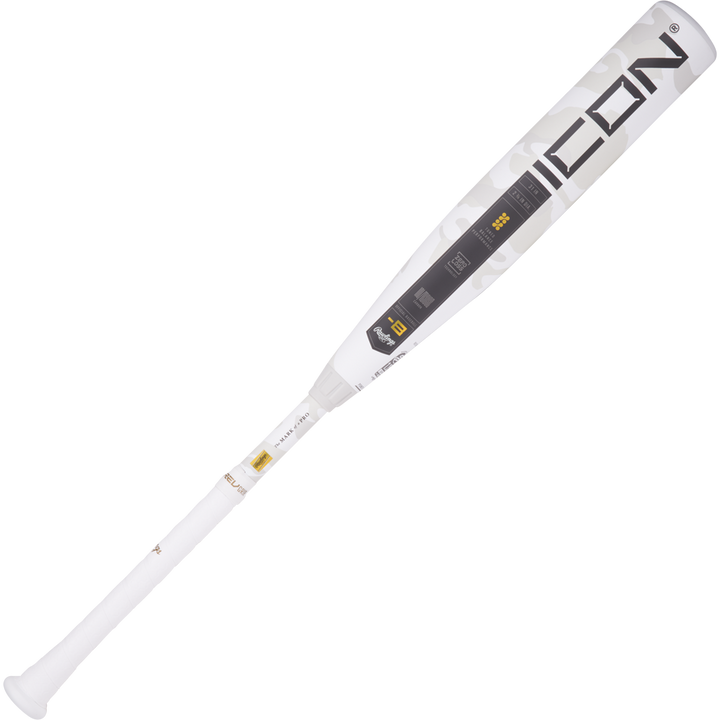 The 2025 Rawlings Icon (-8) 2 3/4" USSSA Baseball Bat (RUT5I8) features a white and silver carbon composite design with bold black ICON lettering near the barrel. Brand: Rawlings.